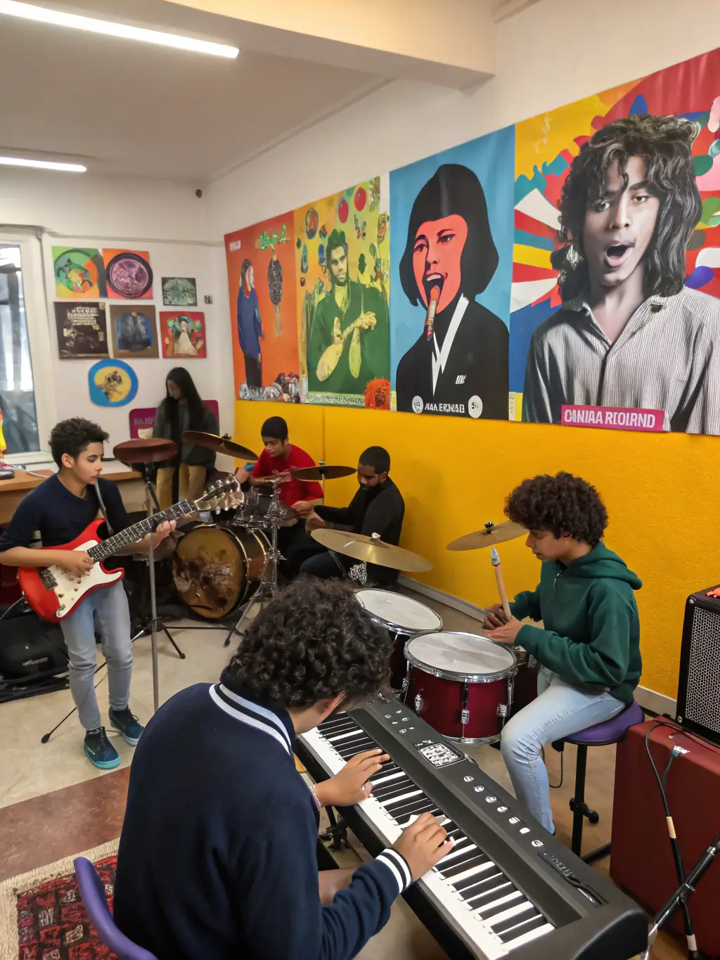A photo of a group of young people participating in a music workshop, learning about different instruments and musical techniques.