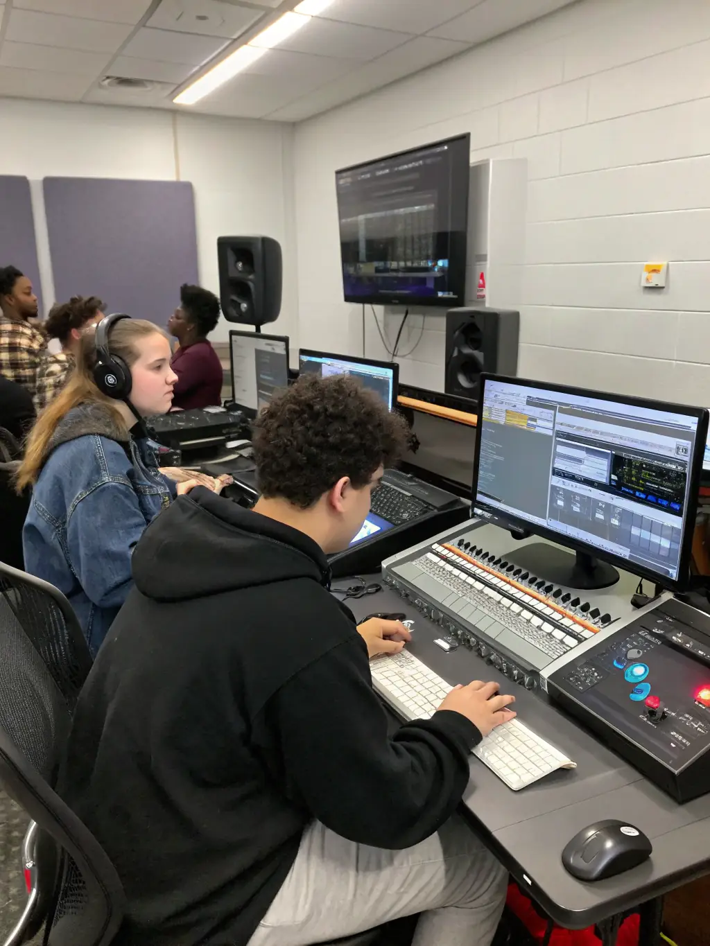 A photograph of a music production workshop organized by ASSOCIATION CUTTING CORNERS, showing participants learning about audio and visual content creation, emphasizing the organization's commitment to skill development.