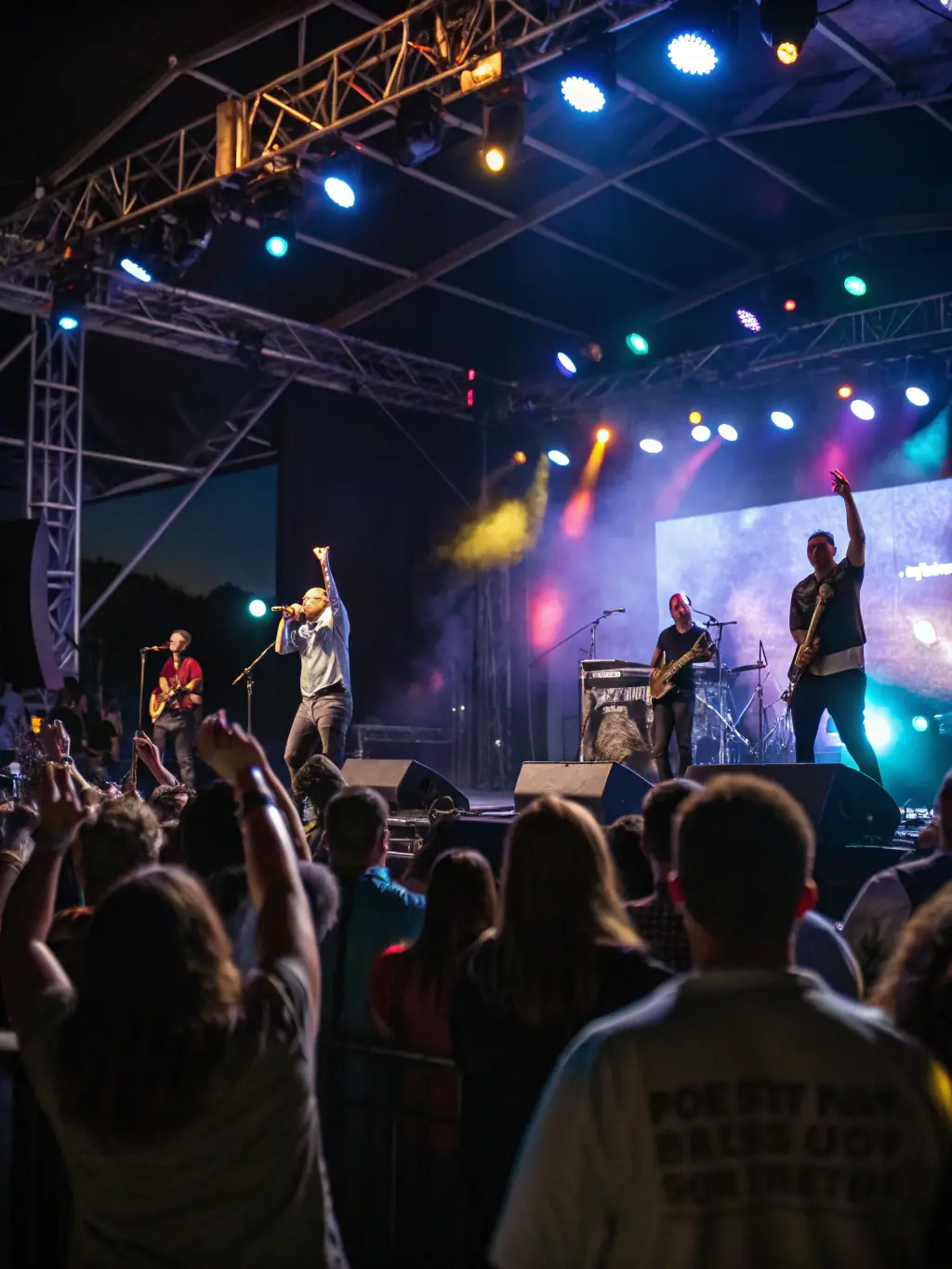 A photograph of musicians performing live on stage at a Cutting Corners concert, showcasing the energy and passion of their performances.