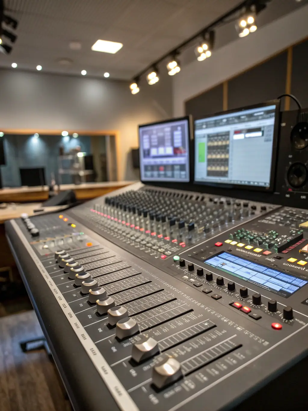 A picture of audio and video equipment being used to record and produce music, highlighting the technical aspects of music creation.