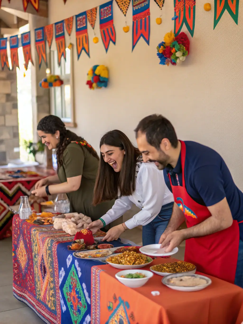 Volunteers setting up decorations for a cultural festival, demonstrating the collaborative spirit and community involvement fostered by ASSOCIATION CUTTING CORNERS.