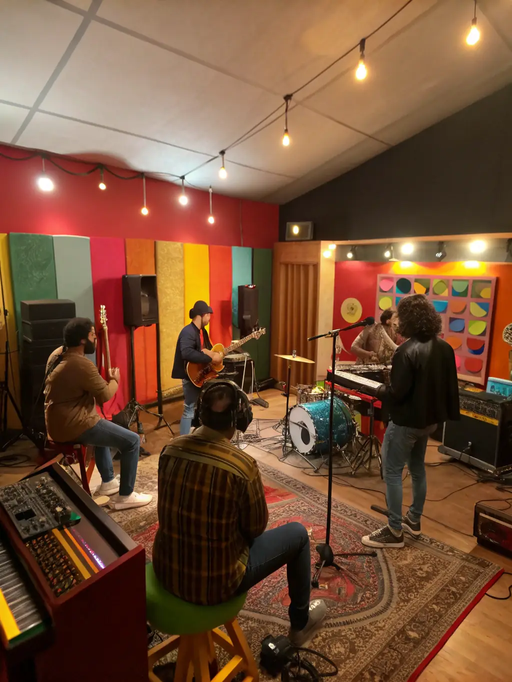 A recording studio session with musicians collaborating on a new track, highlighting the support ASSOCIATION CUTTING CORNERS provides for music production and creative projects.