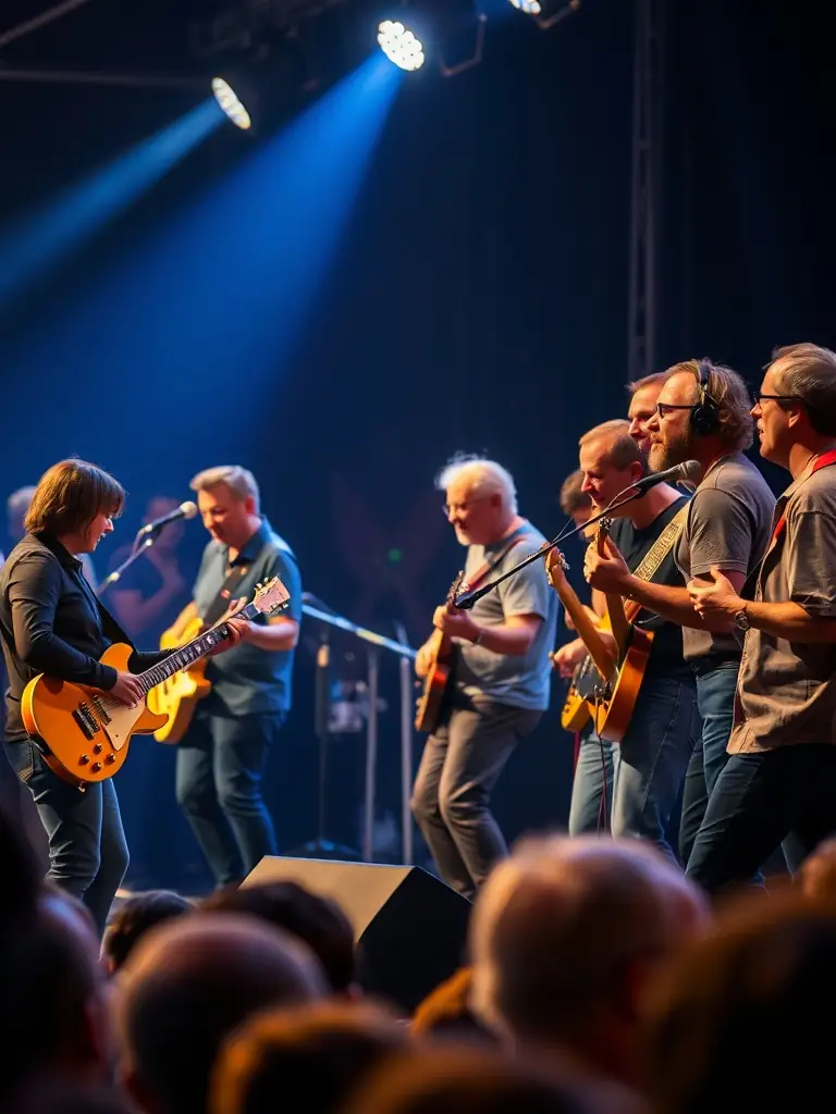 A vibrant photograph capturing a live music performance organized by ASSOCIATION CUTTING CORNERS, showcasing musicians on stage with a lively audience in the background, emphasizing the energy and community engagement of the event.