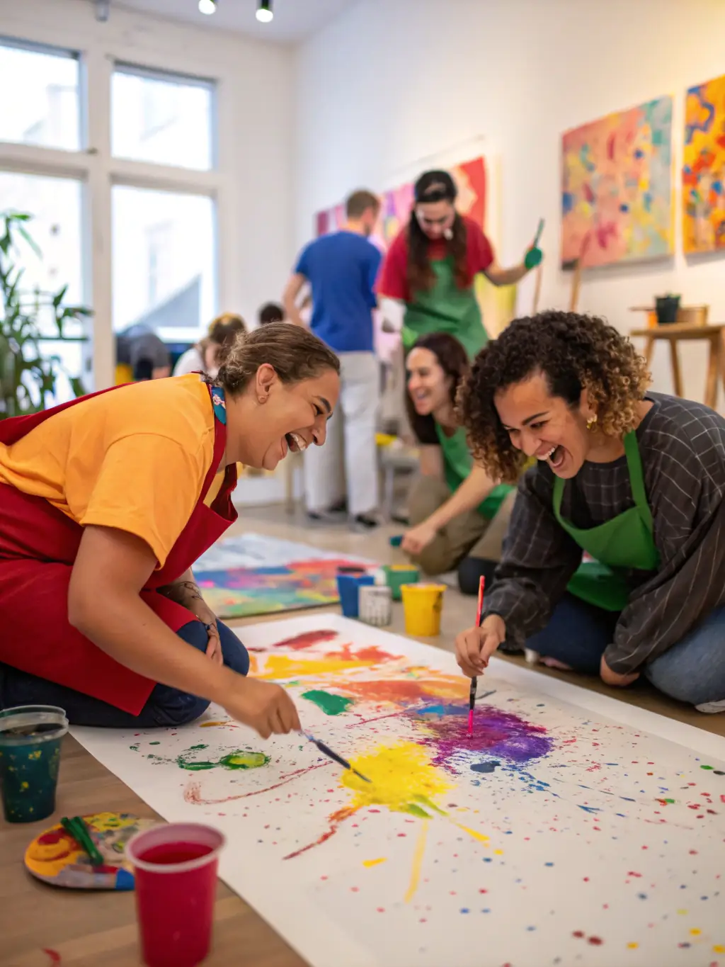 A diverse group of people participating in an art workshop, learning new skills and expressing their creativity under the guidance of experienced instructors.